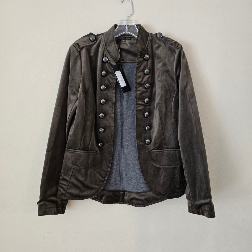 Alberto Makali Military Blazer Jacket Velvet Olive Brown Silver Crest Button 6 - Picture 2 of 10